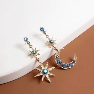 Asymmetrical Blue Crystal Star Moon Dangle Drop Earrings for Women